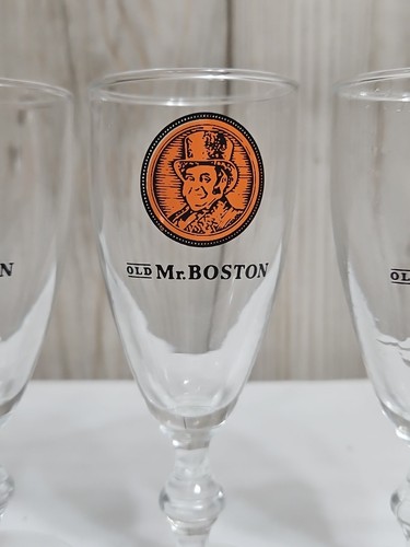 VECCHI BICCHIERI WHISKY Mr. BOSTON con piedi, logo arancione e nero, altezza 5,75", SET DI 6 - Foto 10 di 16