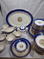 54 Piece Royal China 22K Gold Dinnerware Set Gold/Blue Floral Center Vintage