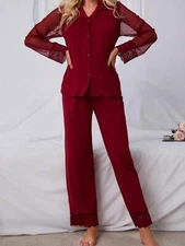 Women's Lace-Trim Pajama Set With Sheer Long Sleeves
