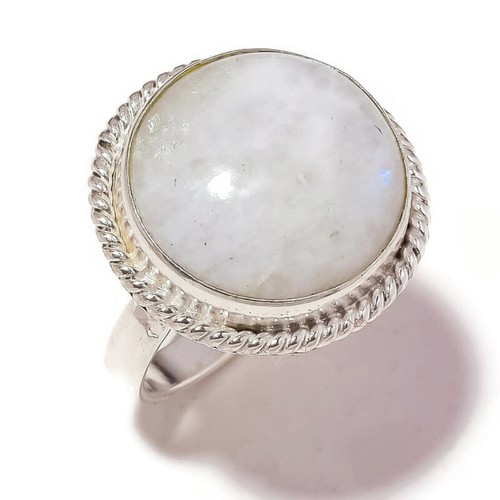 Anillo de bisel de cuerda hecha a mano con piedras preciosas redondas cabujón piedra lunar blanca US-9 A5305