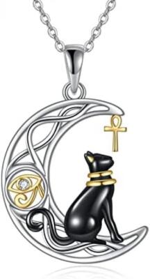 Egyptian Bastet Cat Necklace with Ankh Eye of Horus Sterling Silver Pendant Gift