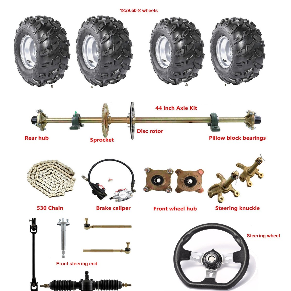 44" Go Kart Rear Live Axle Assembly Kit | Complete Axle Setup With Brakes & Sprocket | 500+ Lb Capacity