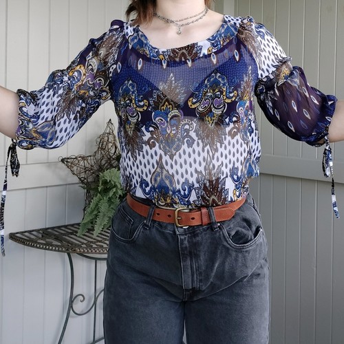 Vintage 90s Y2K 2000s Blouse Purple Blue Paisley Puff Sleeve Grunge Size S 10 - Picture 3 of 10