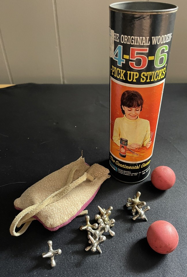2 Vintage Toy Games Jacks In Leather Pouch & 1966 Pick Up Sticks W