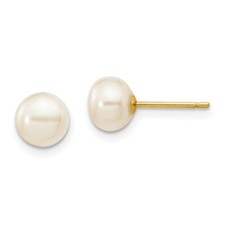 14k Yellow Gold 6-7mm White Button Freshwater Cultured Pearl Stud Earrings 0.1gm