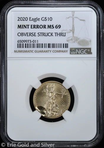 2020 $10 1/4 oz American Gold Eagle NGC MS 69 Mint Error Obverse Struck Through