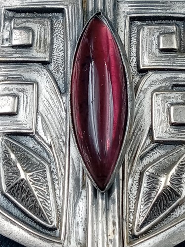 Antique Silver plated Art Deco 2 Piece sash Buckle w. Black Cherry Colored Glass - Picture 2 of 5