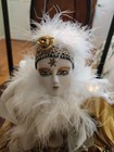 Vintage Harlequin Clown Mardi Gras Jester Porcelain Doll with White Feathers 16" — photo 2