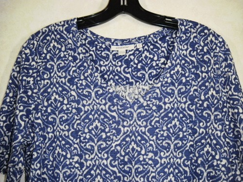 Chico's Top Women 0 Blue White Linen V-Neck Short Sleeve - Picture 10 of 11