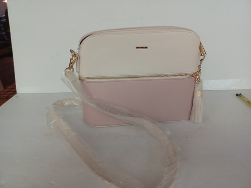 Love Look Dome Top Crossbody Purse Faux Leather TAN/PINK NEW 10" X 8"