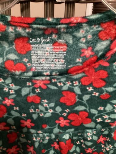 Girls Red & Green Poinsettia Fleece Holiday Nightgown Night Gown L (10/12) - Picture 3 of 4