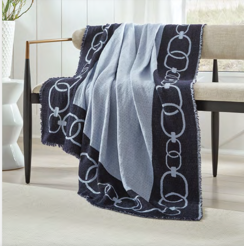 Sferra Eterna Navy Blue Throw Blanket Fringed Double Faced Chain Merino Wool NEW