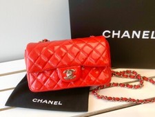 AUTH CHANEL PATENT ORANGE RED MINI RECTANGLE LEATHER CLASSIC FLAP BAG SILVER HW
