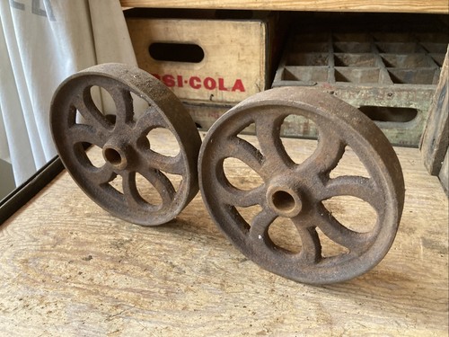 Set - 2 Antique 6” Cast Iron Wheels Industrial Cart Wagon Vintage Scale Hit Miss - 第 4/16 張圖片