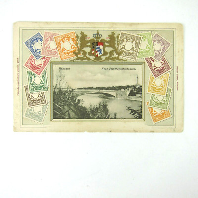 Germany Stamp on Stamp Postcard Munich New Prince Regent Bridge Antique UNPOSTED