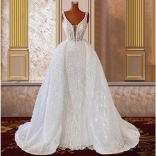Elegant Pearls Mermaid Wedding Dresses with Detachable Skirt Bridal Gowns Lace