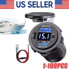 12V-24V PD QC3.0 Dual USB Car Fast Charger Power Socket Outlet LED Voltmeter LOT