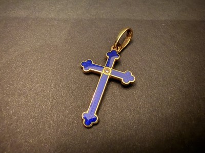 Fabergé 18k Yellow Gold Cross Pendant Royal Blue Guilloche Enamel & Original Box