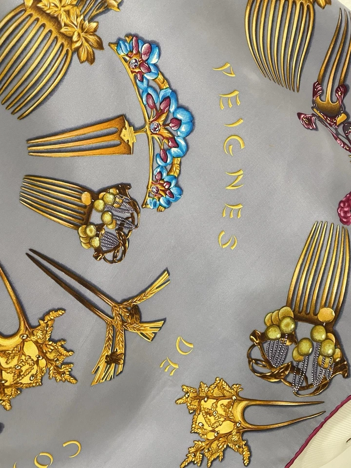 H70# Lalique Paris Bufanda de Seda Pegnies De Coiffure Gris Enrollado a Mano Francia Foto 3 de 4