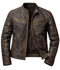 Men's BROWN Motorcycle Cafe Racer Biker Slim fit Genuine Leather Real Jacket