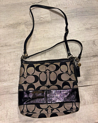 Coach Signature Logo Canvas Shoulder Bag Black/Beige, Zip, Silver, Card