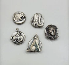 Vintage Silver Set Of 5 Western Cowboy Indian Buffalo Wolf Button Covers