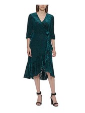 CALVIN KLEIN Womens Green Self-tie Belt Hem 3/4 Sleeve Midi Dress Petites 2P