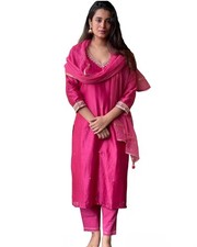 Women's Rayon Blend Straight Embroidered Kurta with Pant  Dupatta