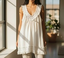 VTG White Cotton Lace Nightgown Top Cottagecore Prairie Coquette Eyelet Babydoll
