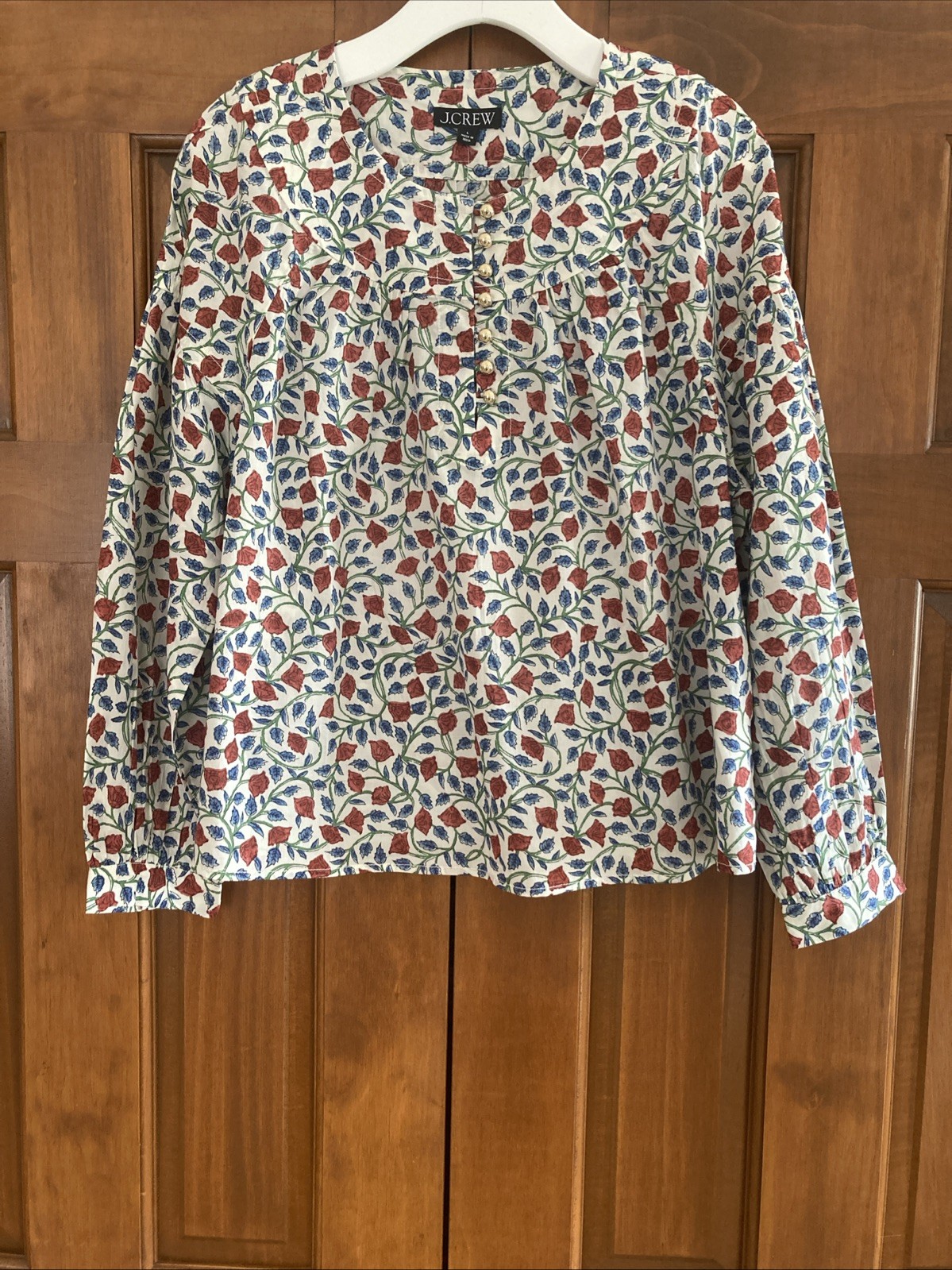 NWT JCrew 100% Cotton Floral Puff Sleeves Popover Blouse Top Women’s Sz Large L