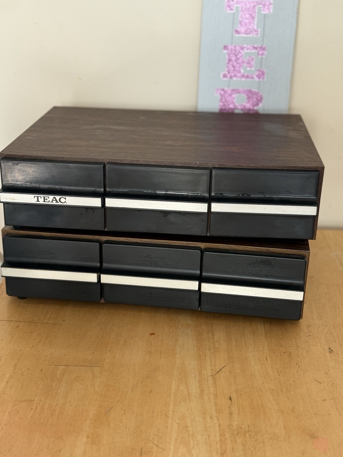 Vintage TEAC Cassette Tape Storage Organizer Lot Of 2 Wood 6 Drawer Holds 72 Ret