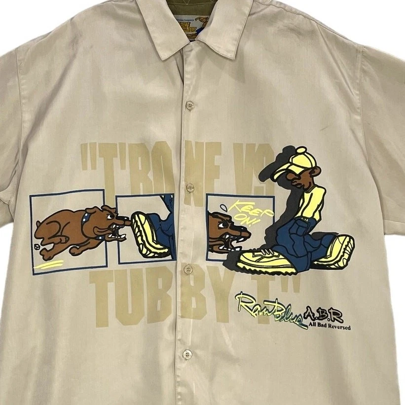 Raw Blue Denim Size L Shirt Vintage Tubby T vs Trone Rap Short Sleeve Button Up - Image 3 of 4