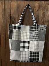 Black White Gray Check Patchwork Fabric Tote ...