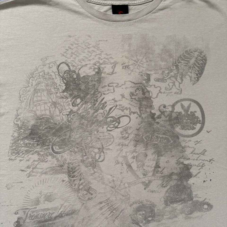Vintage Y2K Rip Curl Shirt Mens XL Beige Pirate Map Graphic Surf Tee - Image 3 of 4