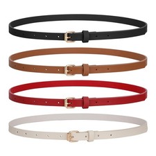 4 Pack Skinny Leather Belts for Women - Thin Waist Belts with Gold Buckle