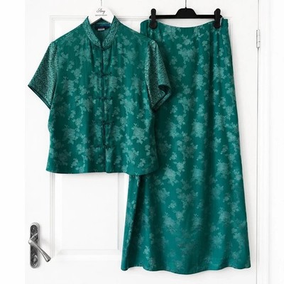 Vintage Monsoon Co-Ord Set türkis blau Seidenmischung Bluse Midi Froschverschluss UK 14