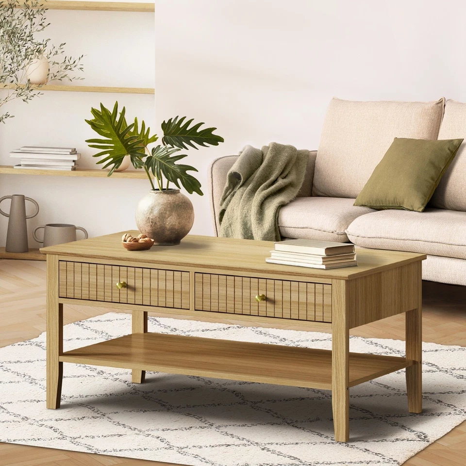 Oikiture Coffee Table Rectangle Table Side Storage Drawers Shelving Natural