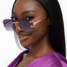Luxury Gold Frame Hip Hop Gem Cut Women Gray Lens Rimless Glasses, Gold UV400