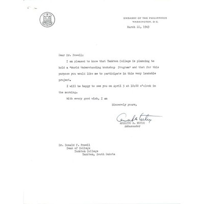 Embassy of the Philippines Official Letterhead Amelito R. Mutuc 3/22/63 B9