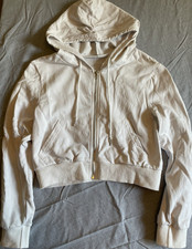 Women's Hooded Full Zip Hoodie White Cotton Fleece Pockets Drawstring Size S