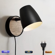 DUHU Plug In Wall Sconce Black,Bedside Wall Lamps Switch,Modern Wood Wall Light