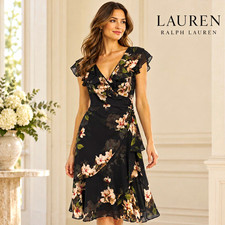 Lauren Ralph Lauren Womens Black Floral Chiffon Wrap Dress V-Neck Ruffle 4
