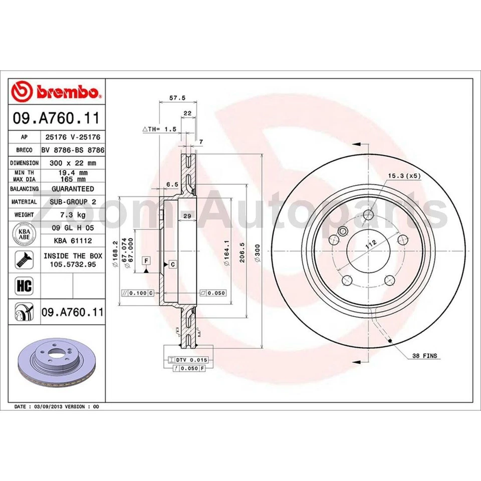 Kit de pastilhas de rotores de freio traseiro Brembo para 2008 2009 2010 - 2015 Mercedes-Benz C350 - Imagem 3 de 4