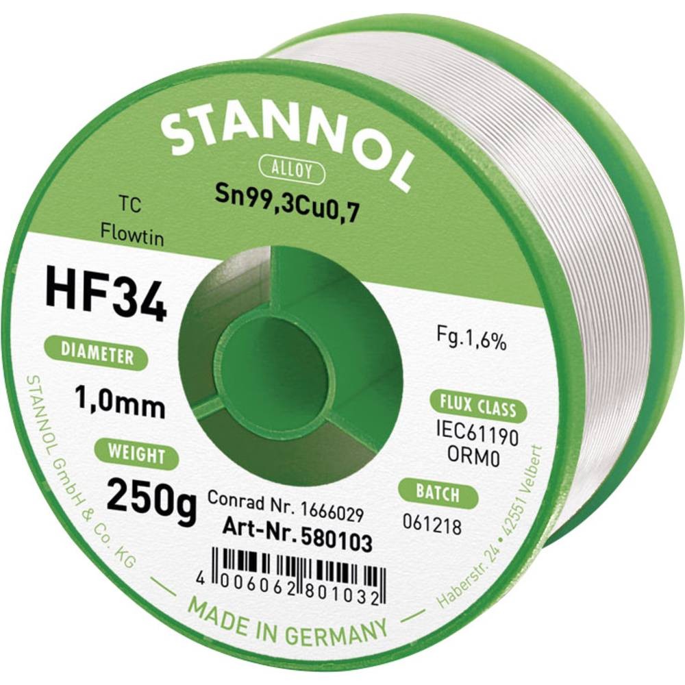 Étain à souder sans plomb Stannol HF34 Flowtin TC bobine de 250g en 1mm