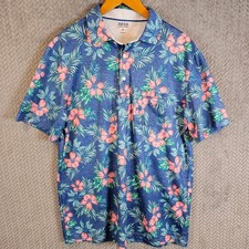 IZOD Saltwater Men Large Tall LT Blue Tropical Floral Hibiscus Polo Shirt Pocket