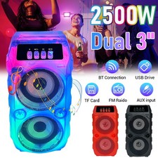 Dual 3" Mini 2500W Portable Transparent Bluetooth Speaker DJ Party Sound System