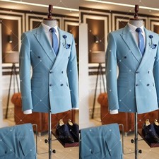 Light Blue Men's Suits Double-Breasted Formal Business Wedding Grooms 2 Pieces