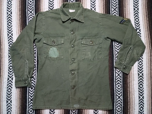 Vietnam War era OG 107 Military Shirt Long Sleeve sz 14.5 vtg repair Utility