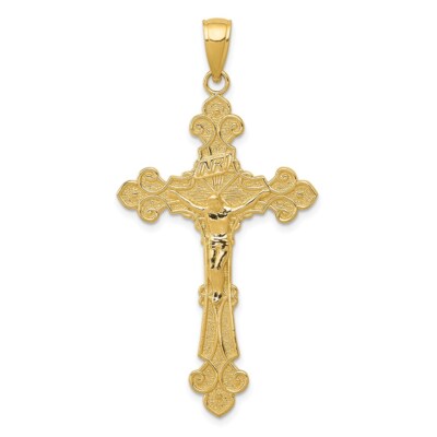 14k Gelbgold poliert strukturiert INRI Kruzifix Fleur de Lis Anhänger