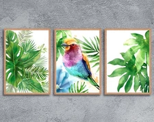 Tropical leaves and bird painting, Printable Wall Art, Instant download